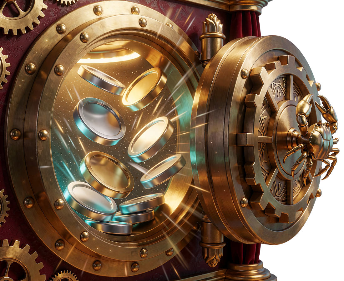 Otwarty brązowy skarbiec z tokenami ze złota i srebra wysypującymi się na zewnątrz - crypto bonus powitalny OnlySpins
