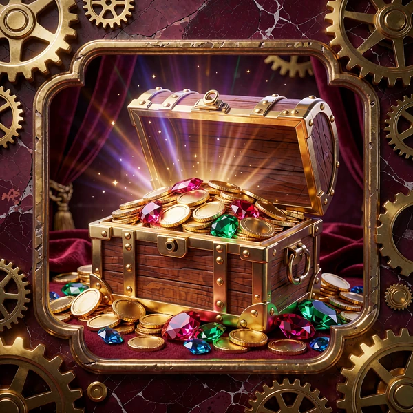Otwarta skrzynia pełna złotych monet i klejnot&oacute;w - slot jackpotowy dostępny w OnlySpins Casino