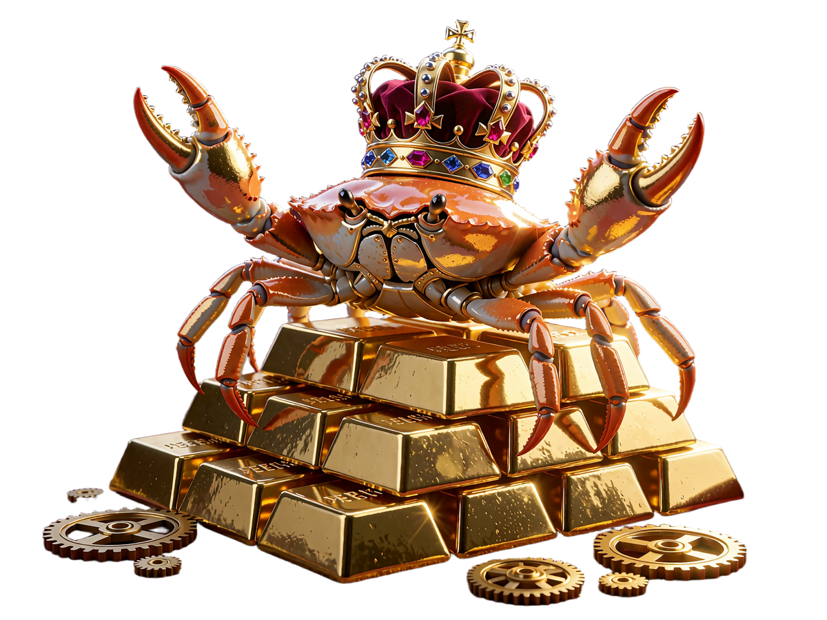 Złoty krab w wysadzanej klejnotami koronie na stosie sztabek złota - symbol programu VIP w OnlySpins Casino