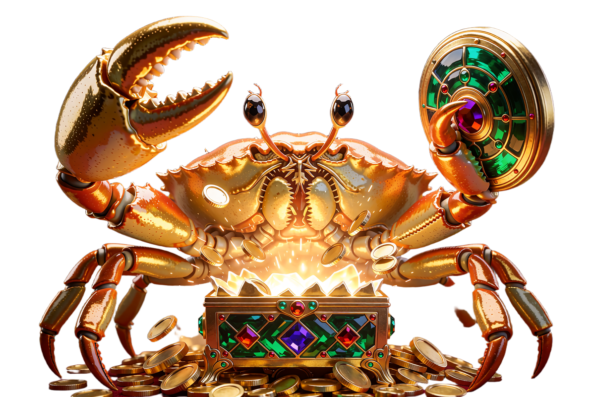 Złoty krab otwierający świecącą skrzynię pełną monet, symbol mechaniki Bonus Crab w OnlySpins Casino