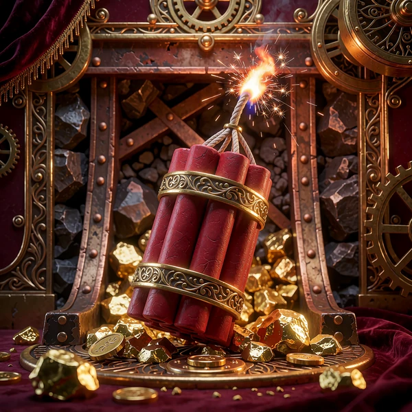 Wiązka dynamitu z iskrzącym lontem i rozsypanymi złotymi samorodkami - slot z opcją Bonus Buy w OnlySpins
